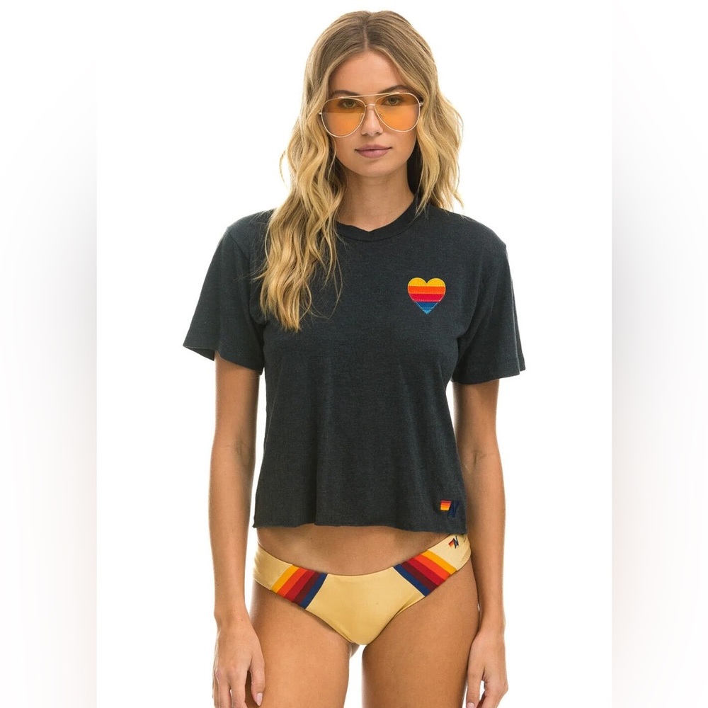 Aviator Nation HEART STITCH 5 BOYFRIEND TEE - CHARCOAL - Women’s Size Medium